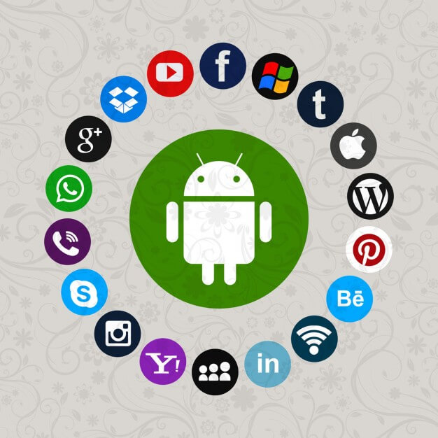 simbolo do sistema android rodeado de simbolos de apps group-of-social-media-icons_1035-3570