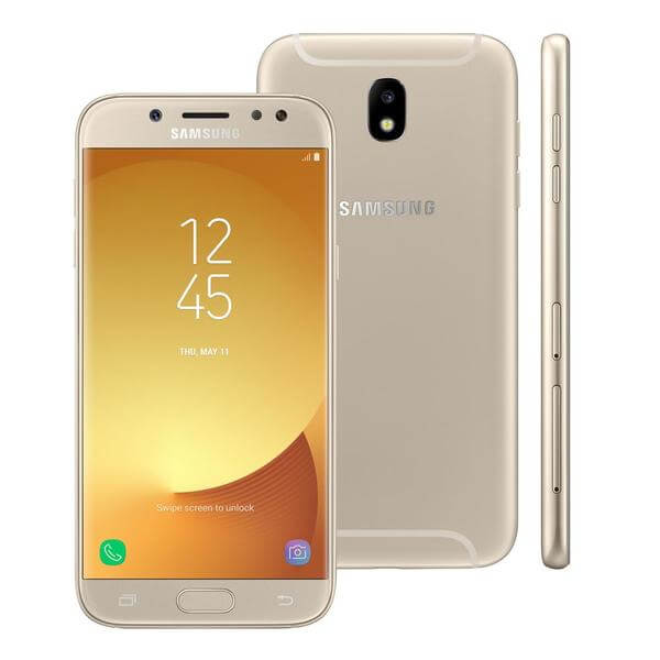 Galaxy J7 Pro Galaxy J7 Pro mostrado nas vistas frontal, traseira e de lado, com destaque para a parte frontal, com a tela ligada.
