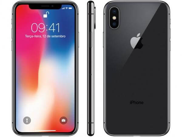 iPhone X iPhone X preto nas vistas frontal, lateral e traseira, com destaque para a frontal, com a tela ligada.