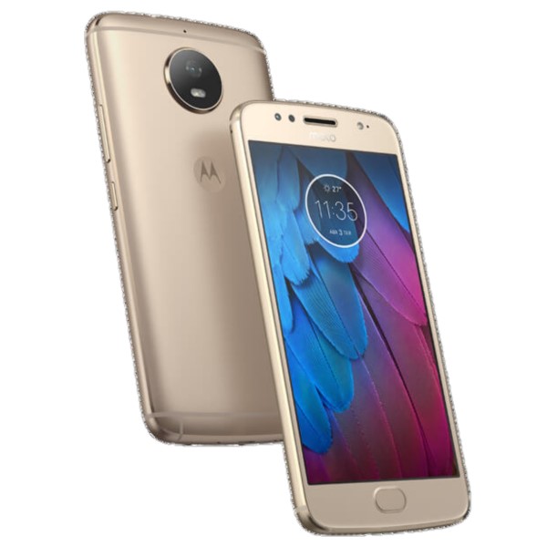 Moto G5S Moto G5S dourado, nas vistas frontal e traseira, com destaque para a frontal, com a tela ligada.