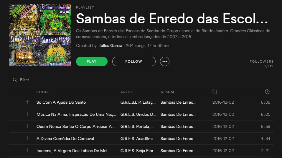 Playlist Sambas de Enredo das Escolas de Samba do Rio de Janeiro