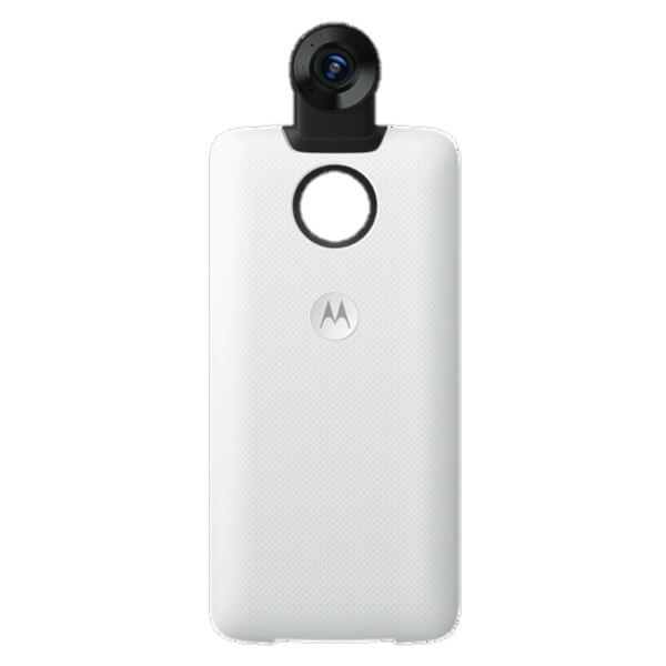 Moto Z Moto 360 Camera, na cor branca. O fundo da imagem é branco.