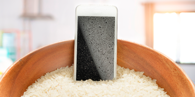 na imagem, um celular aparece dentro de uma tigela com arroz