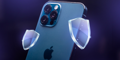 Um celular iPhone é visto com pequenos escudos ao lado, indicando proteção